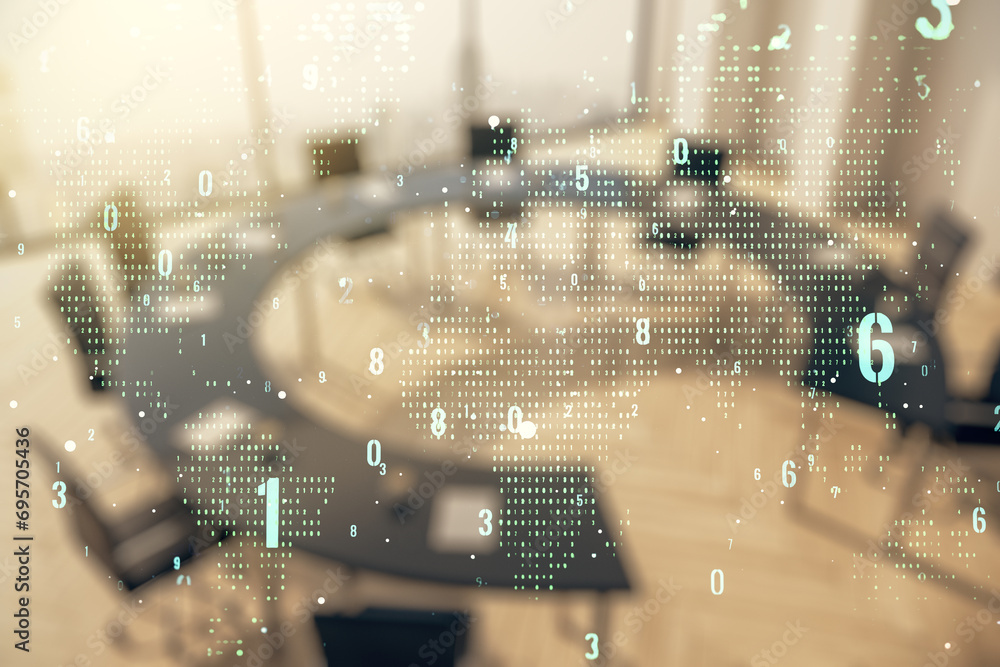 Poster Multi exposure of abstract programming language hologram and world map on a modern furnished office interior background, artificial intelligence and neural networks concept