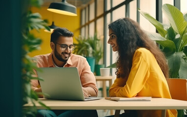 young indian businesspeople using laptop and discussing