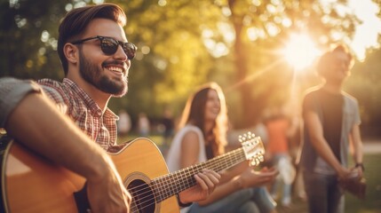 Snapshot of young man playing guitar with friends attend a live music event concert in a park - obrazy, fototapety, plakaty