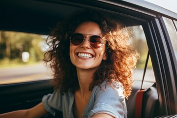 Mujer con cabello rizado y gafas de sol sonríe en viaje por carretera bajo el sol - obrazy, fototapety, plakaty