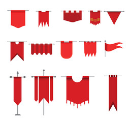 Medieval Banner Vector Illustration Set With Clip Art White Background And Banner Isolated Symbol. Medieval Flag, Vintage Ribbon textile set.  - obrazy, fototapety, plakaty