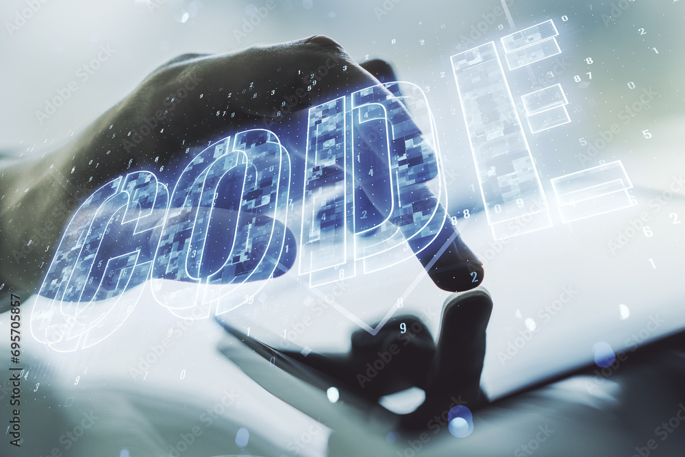 Aufkleber creative code word sign and finger clicks on a digital tablet on background, international software 