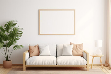 a living room with a couch and a plant