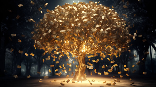 imagine gold dollar symbol hanging on big tree, 3D rendering