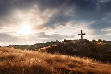 Foto op Plexiglas a cross on a hill with a sun in the background © onThKim
