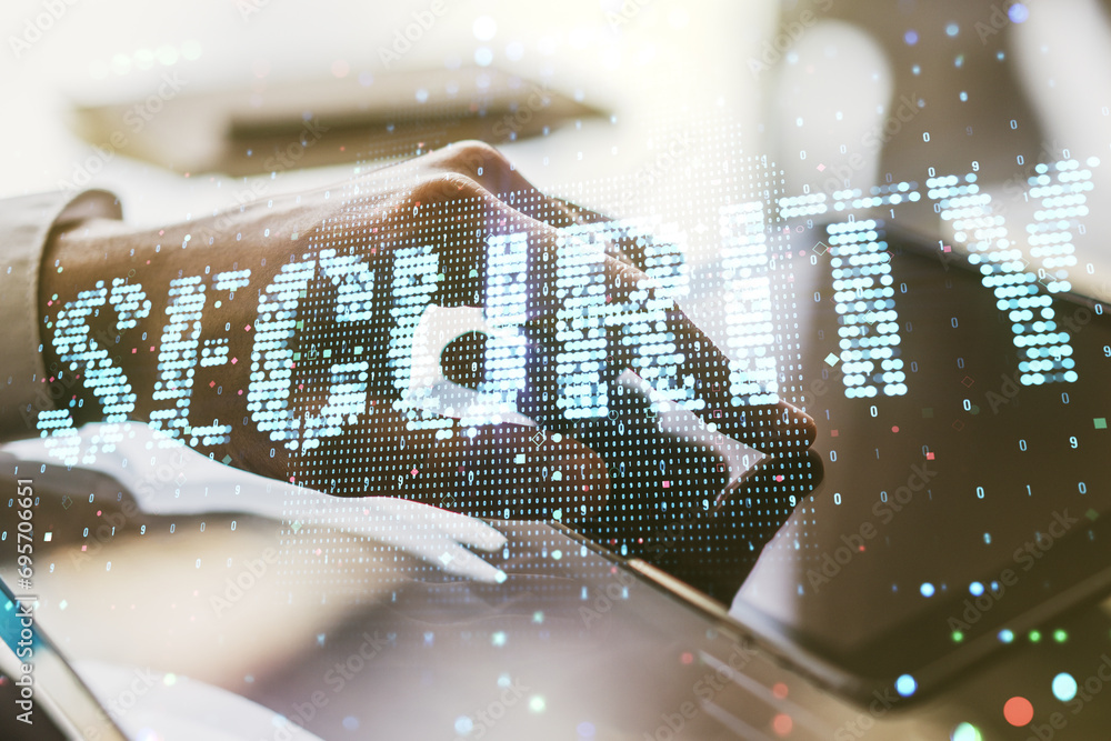 Poster cyber security creative concept with finger clicks on a digital tablet on background. double exposur