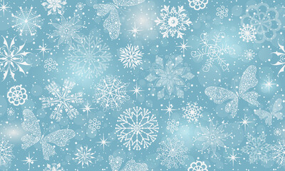 Vector hand drawn Christmas seamless pattern with snowflakes and stars snd butterflies on a blue gradient background