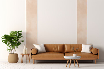 a living room with a brown leather couch and a plant