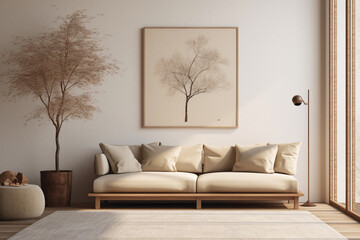 a living room with a couch and a tree