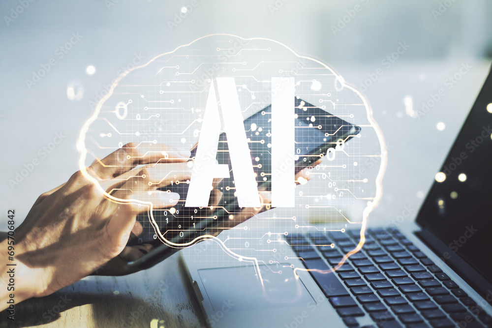 Poster double exposure of creative artificial intelligence symbol with finger clicks on a digital tablet on