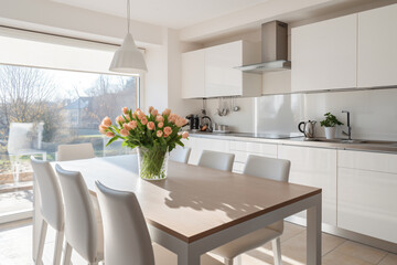 a kitchen with a table and chairs and a vase of flowers