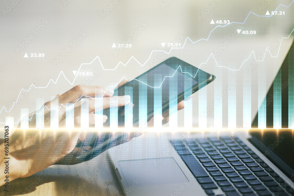 Poster multi exposure of abstract creative financial graph with finger presses on a digital tablet on backg