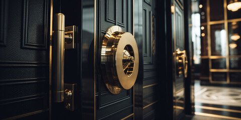 Bold Golden Door Lock on Luxurious Black Door - obrazy, fototapety, plakaty
