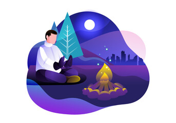 Winter camping and traveling warm campfire flame illustration