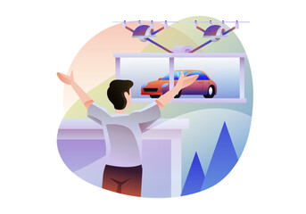 Illustration of flying drone with car transport	
