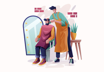 Barbershop Illustration, A barber cuts hair in his shop
