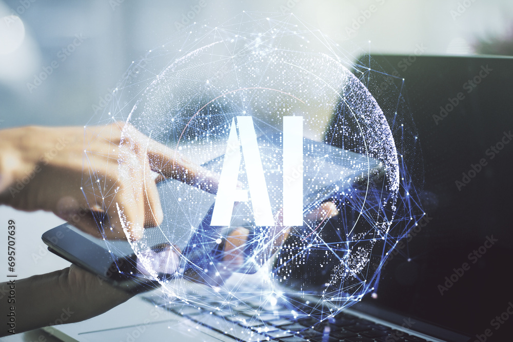 Poster creative artificial intelligence symbol concept with finger presses on a digital tablet on backgroun