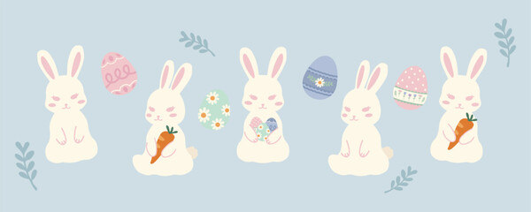 Hand drawn illustration set of cute easter bunny rabbit in different poses and easter eggs decorative elements. For poster, card, scrapbooking , tag, invitation, headboard