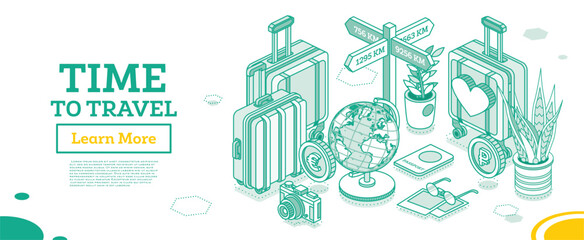 Time to travel. Isometric outline touristic concept. Travel bags, suitcases, passport, foto camera, globe and money.