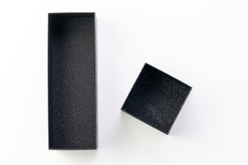 Open Black Box Top View, black boxes on white background, blank for design, premium boxes black stars, mockup