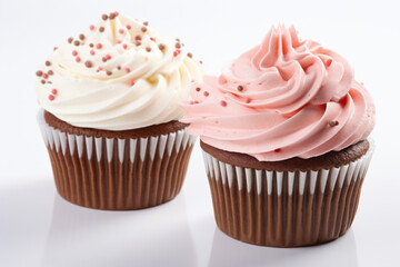 two cupcakes with pink frosting and sprinkles