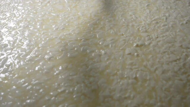 Slicers separating whey from milk in cheese factory process. Close up