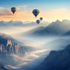 Hot air balloons ascending over a mist-covered valley at dawn