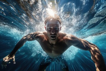 Swimmer diving into water with dynamic underwater view. Competitive swimming and fitness.