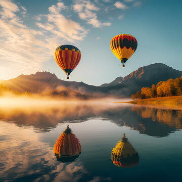 Hot air balloons drifting over a serene lake at sunrise.