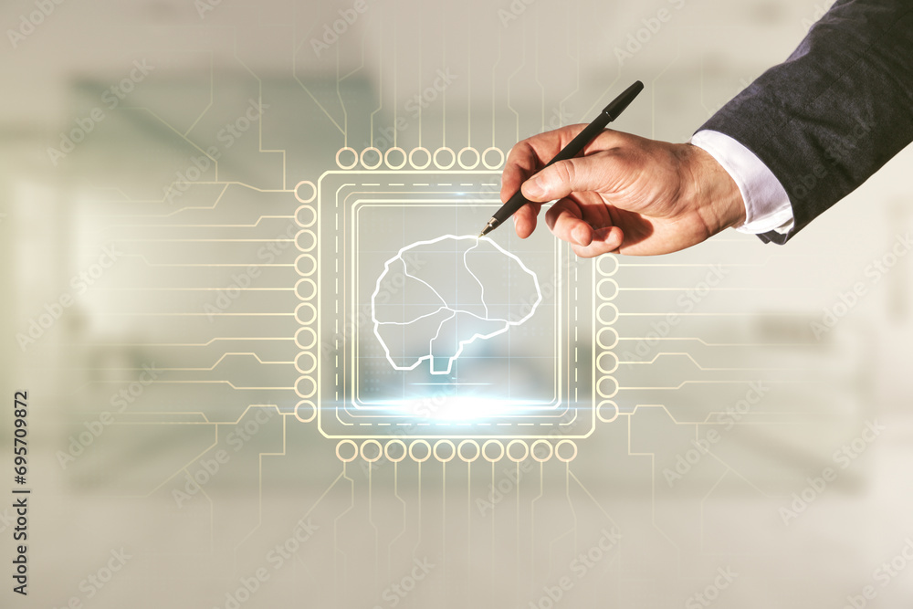 Aufkleber man hand with pen working with virtual creative artificial intelligence hologram with human brain sk