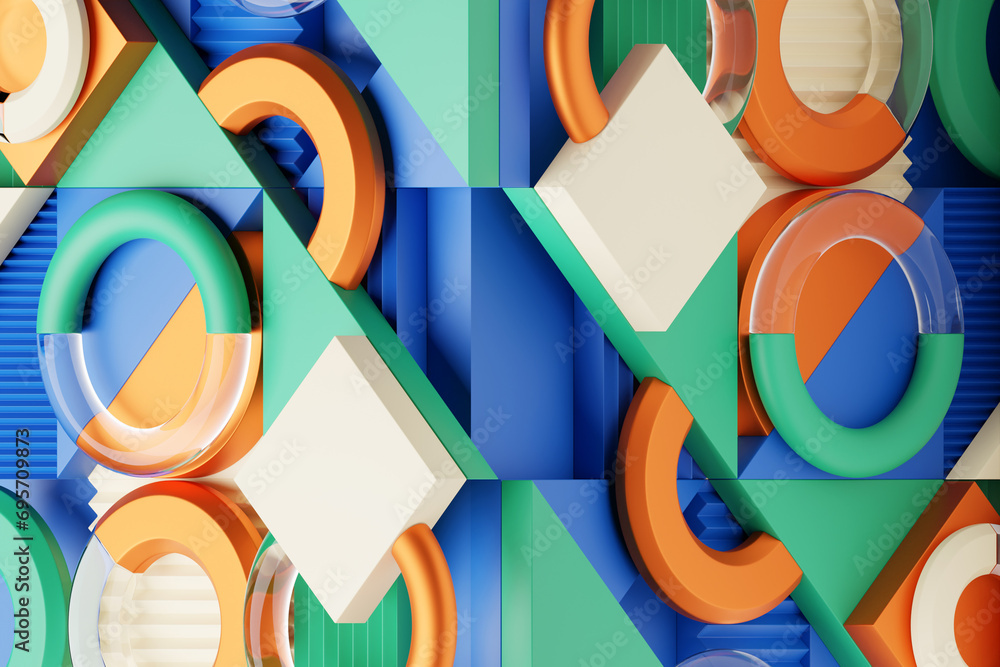 Poster 3d rendering of realistic composition primitives. abstract theme for trendy designs. spheres, torus,
