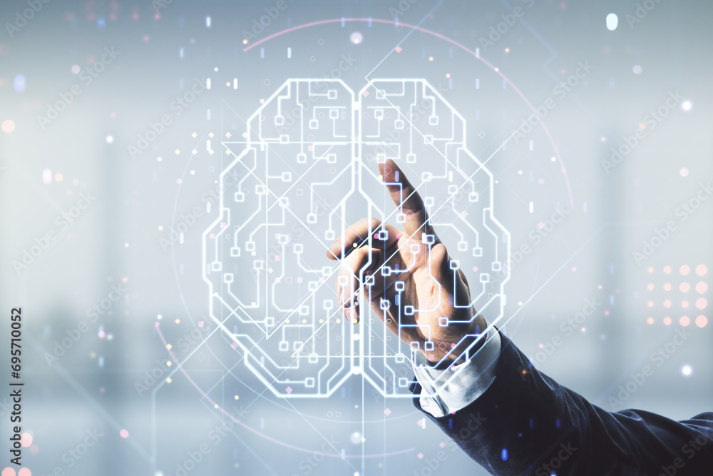 Poster double exposure of man hand presses on creative artificial intelligence interface on blurred office 