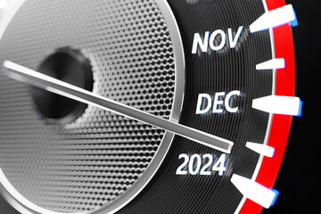 Naklejka premium 3D illustration close up black speedometer with cutoffs 2023,2024. The concept of the new year and Christmas in the automotive field. Counting months, time until the new year.