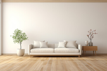 Modern and Minimal interior lliving room ,white and cream wall background ,wood floor ,3d rende