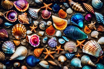 colorful seashells on the beach - obrazy, fototapety, plakaty
