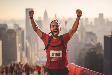 Triumphant male runner crossing finish line at sunrise. Achievement and competition.
