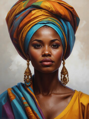 Naklejka premium woman portrait of beautiful African woman in national, traditional costume and a colorful headscarf
