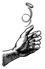 Flipping a coin. Hand-drawn black and white illustration