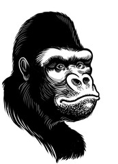 Gorilla face. Hand-drawn black and white illustration