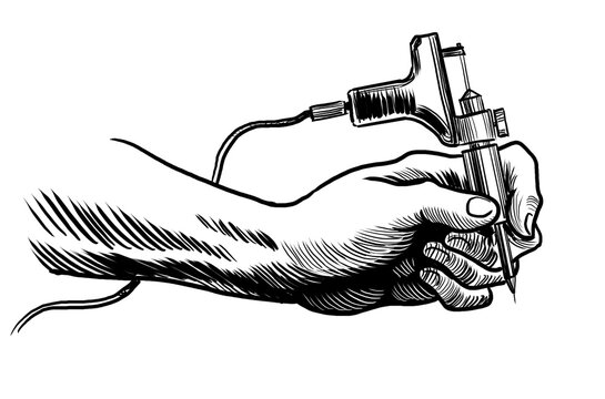 Hand holding a tattoo machine. Hand-drawn black and white illustration