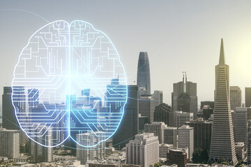 Virtual creative artificial Intelligence hologram with human brain sketch on San Francisco skyline...