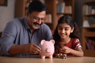 Indian grandfather putting coin in piggy bank with granddaughter - Powered by Adobe