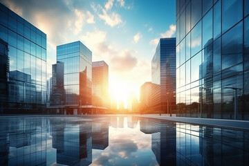Modern office building or business center. High-rise windor buildings made of glass reflect the clouds and the sunlight - obrazy, fototapety, plakaty