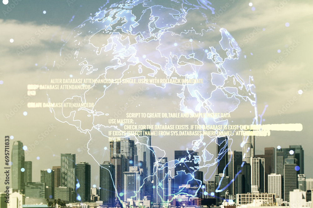 Aufkleber double exposure of abstract programming language hologram and world map on los angeles city skyscrap