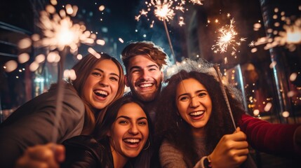 Group of friends having fun with sparklers celebrating. Party, holidays, team smiling friends with sparklers having fun at night club, happiness, night, lifestyles, nightlife, evening. - obrazy, fototapety, plakaty