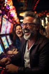 Obraz premium a group of men and women in their 60s sitting and standing at a bank of slot machines smiling