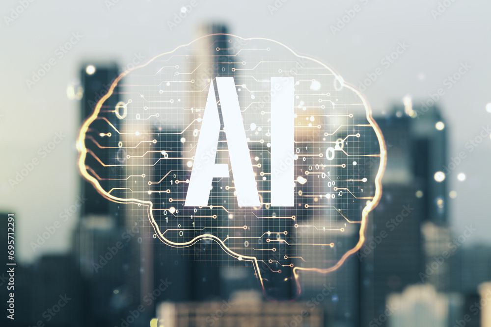 Poster double exposure of creative artificial intelligence interface on blurry cityscape background. neural