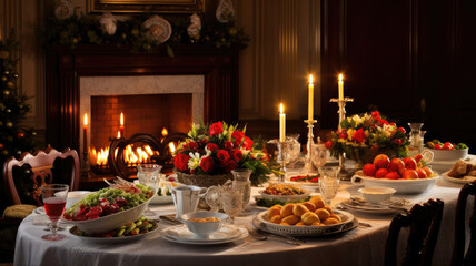 Fototapeta na wymiar Elegantly Decorated Christmas Table with Candles, Roses, Champagne Glasses, Cutlery, and Fruits
