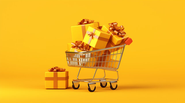 Shopping cart full of food, shopping cart in supermarket, shopping cart brimming with food and drinks and gifts on yellow, colorful background, ai generative