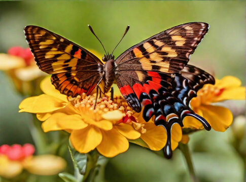 Brown and black butterfly perched on yellow and red petaled flower closeup photography